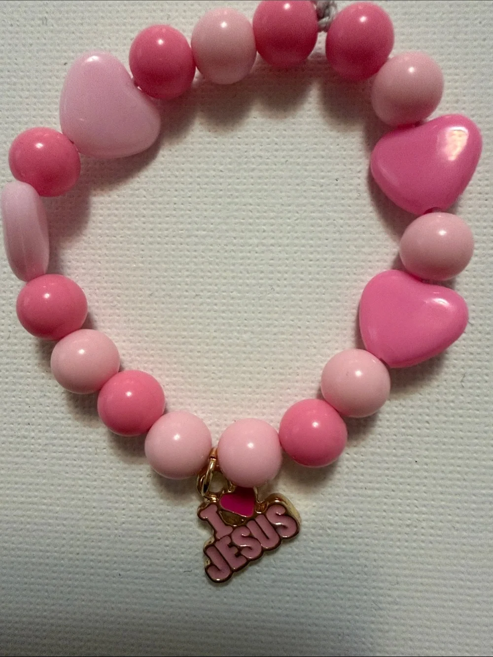 Kids Pink Heart Beaded Bracelet with Gold 'I ♥ JESUS' Charm
